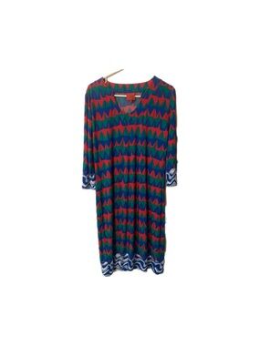 Tracy Negoshian Green and Red Geometric Midi Dress with Blue Accents